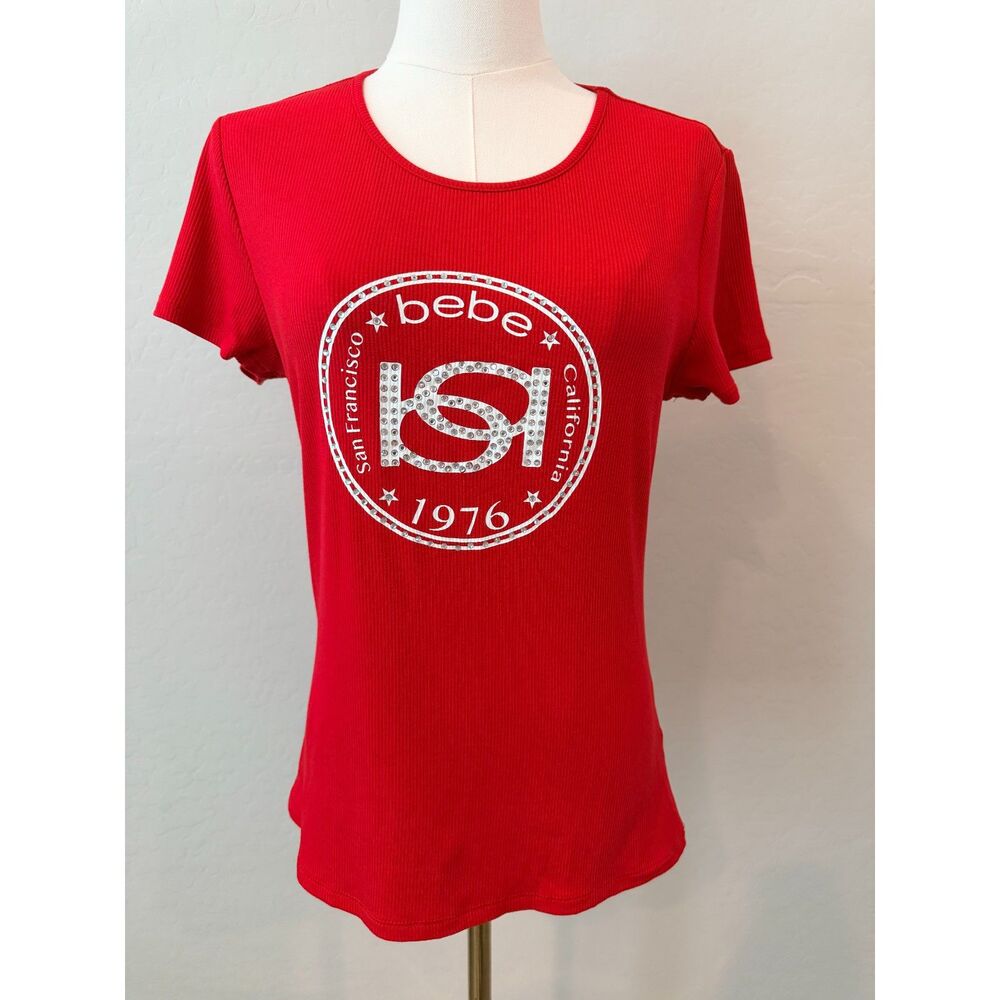 NWT Bebe Red Ribbed Graphic Tee Large Rhinestone San Francisco 1976 Logo Shirt